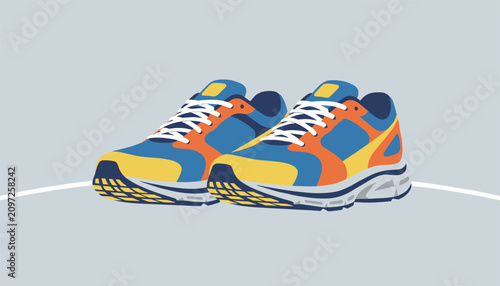 Pair of modern athletic running shoes in blue, orange, and yellow colors for fitness, sports, and active lifestyle marketing.