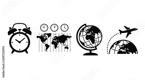 Travel Icons Featuring Alarm Clock Globes And Airplane Silhouette