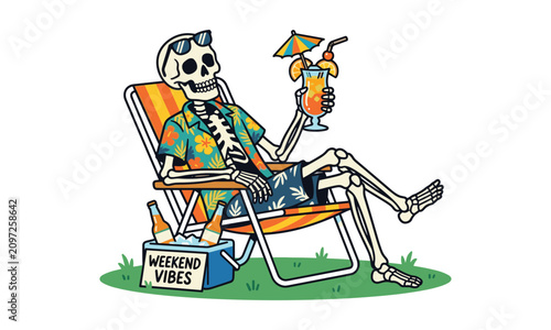 Funny cartoon skeleton wearing hawaiian shirt relaxing on beach chair with cocktail and cooler weekend vibes illustration