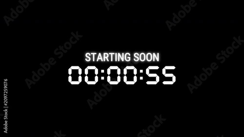 Starting soon Digital countdown clock timer in 1 minute to zero second. ideal for video editing, motion graphics, and live stream overlays. 4K video