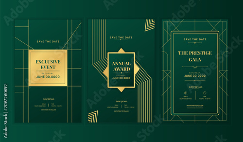 Foto Luxury Green and Gold Art Deco Gala Invitation Card Set, Elegant Geometric Save