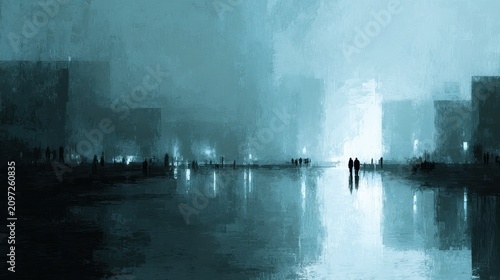 Textured City Reflections in Dark Turquoise and Gray