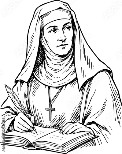 Hildegard of Bingen German Benedictine Abbess, Mystic, Composer, Philosopher, and Medieval Polymath Hand-Drawn Ink Vector Portrait Illustration Isolated on Transparent Background