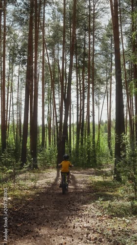 Slow motion vertical wide shot from behind of a young boy riding a bicycle through a beautiful sunny forest trail, capturing a peaceful summer bike ride and freedom in nature. High quality 4k footage