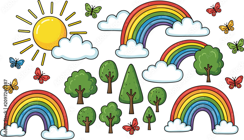 Fototapeta premium vector rainbow sun clouds trees butterflies colorful whimsical nature scene playful outdoor spring design illustration