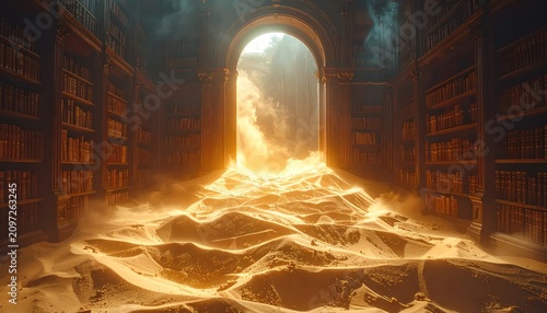 Ancient library filled with sand and glowing light portal.