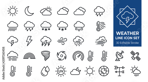 Fotografía 30 weather line icons with editable stroke for forecasts, climate, and meteorology design projects