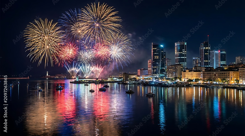 Fototapeta premium Vibrant colorful fireworks display illuminating city skyline over water at night