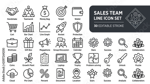 30 sales team line icons with editable stroke for business, teamwork, and marketing design projects.