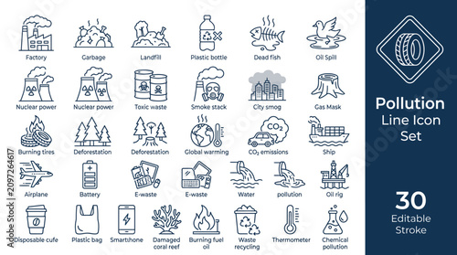 Photos Pollution Line Icon Set – 30 Editable Stroke Vector
