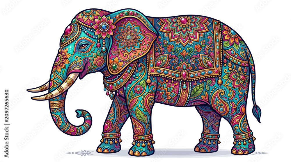Obraz premium Colorful Mandala Elephant Vector with Gemstones, Floral Ornaments and Paisley Ethnic Patterns