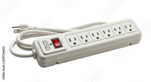 Fotografie White power strip with multiple outlets and surge protection on a white backgrou