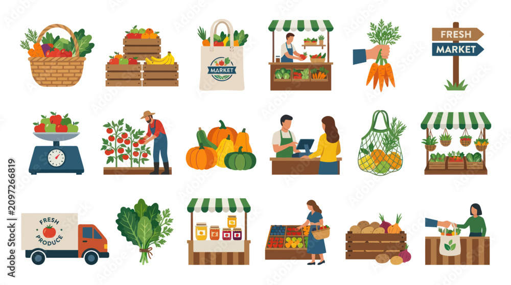 Fototapeta premium Fresh Produce Market and Agriculture Flat Vector Illustration Icon Set. Healthy Food, Farming Retail Elements