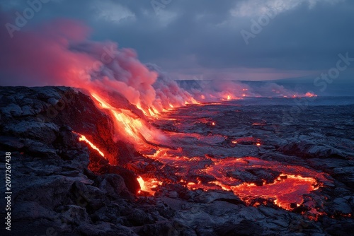 Twilight scene of glowing lava in a barren lava landscape with steam and rocky textures