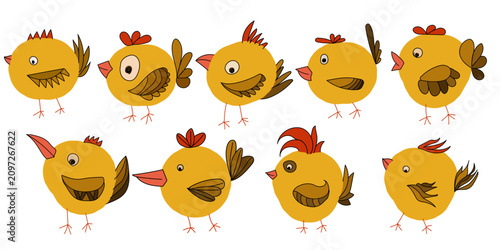 set of cute doodle yellow chicks and little birds in various hand-drawn vector illustration styles