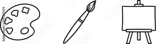 Set of artist tools including paint palette brush and easel drawing sketch icon