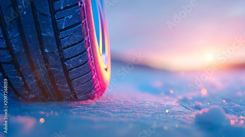 Close-up of car tire on snowy road surface during colorful sunset light