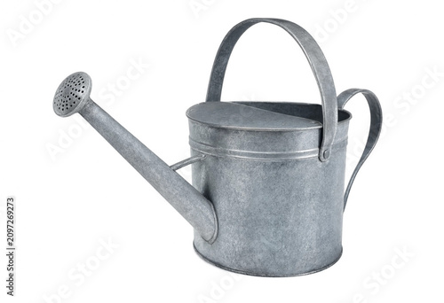 Vintage galvanized metal watering can for garden maintenance isolated on white background with watering, gardening