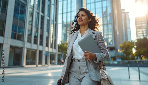 Confident young business woman walking outdoors in city financial district carrying laptop