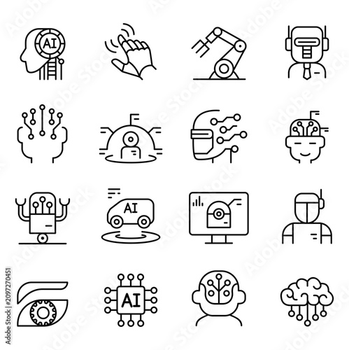 Set of Modern AI Technology and Neural Network Outline Icons