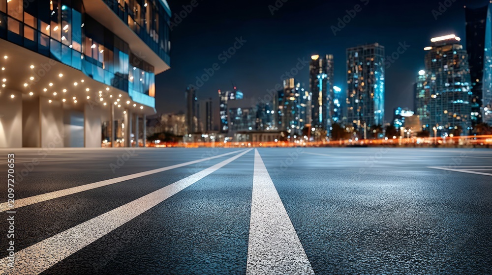 Fototapeta premium Night cityscape with empty asphalt road and illuminated modern building