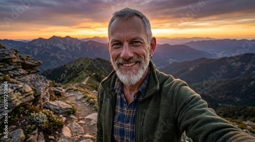 Man smiling on mountain top at sunset