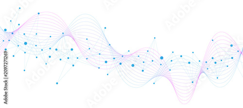 Science and technology banner background with blue plexus and gradient wave flow. Design for web and presentation template. Vector illustration