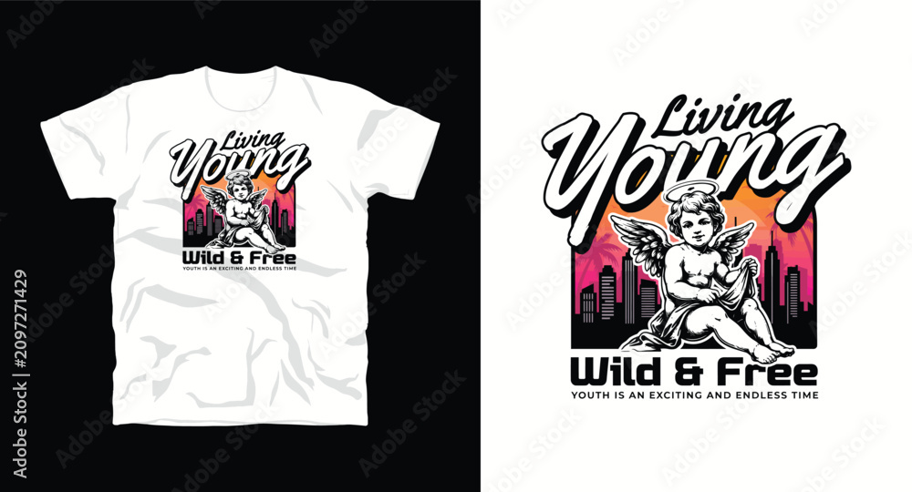Obraz premium Living young t shirt design with cherub angel statue and city sunset background.