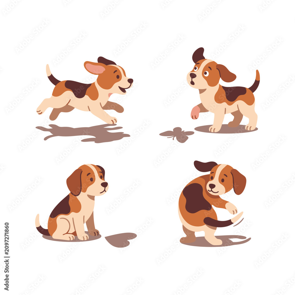 Obraz premium Playful beagle puppies in various actions during daytime with white background vector illustration