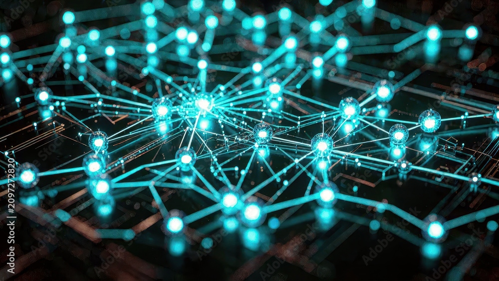 Fototapeta premium Glowing network nodes, digital connection, blue light, data link, abstract technology, futuristic mesh