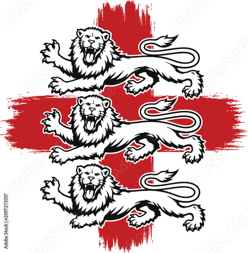Three powerful lions in a rampant pose, superimposed on a distressed English flag background, symbolizing national pride and heritage.