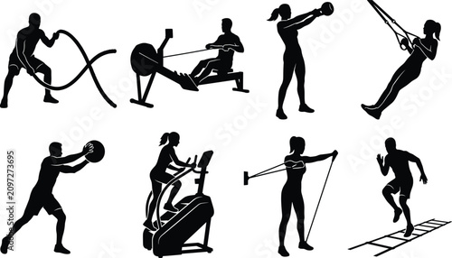Photos Fitness and gym workout silhouettes set featuring men and women exercising with