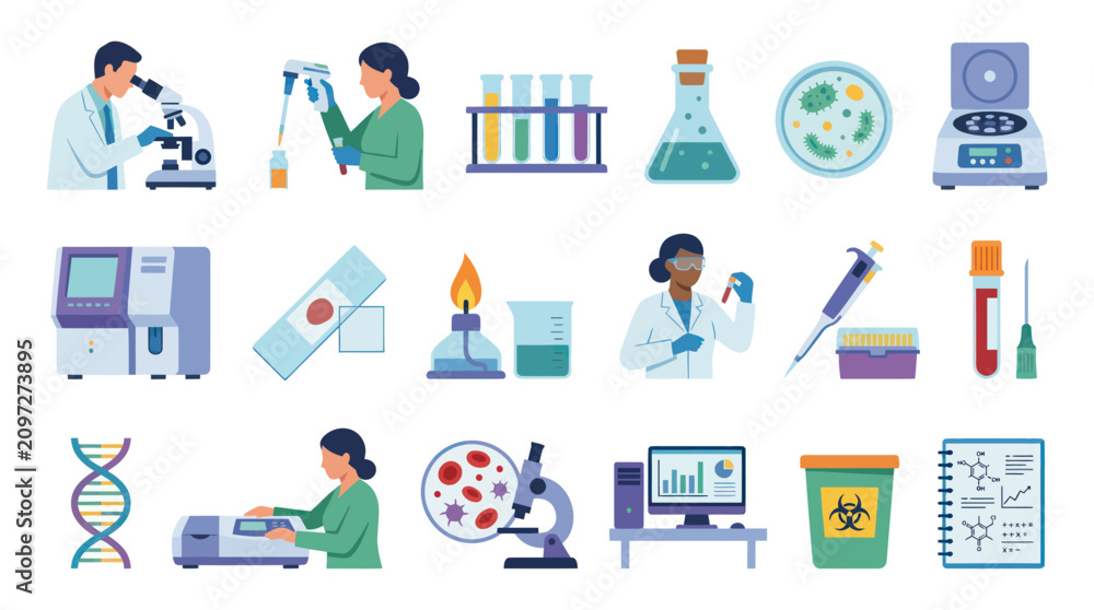 Obraz premium Flat Design Vector Icons Set of Medical and Science Laboratory Equipment, Tools, and Research Elements