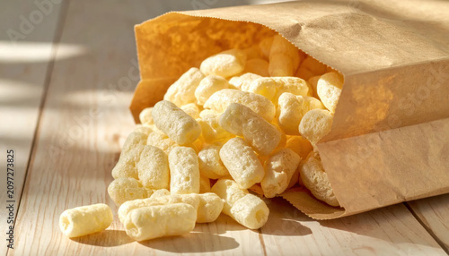 Crispy corn puffs overflowing from a brown paper bag in warm sunlight