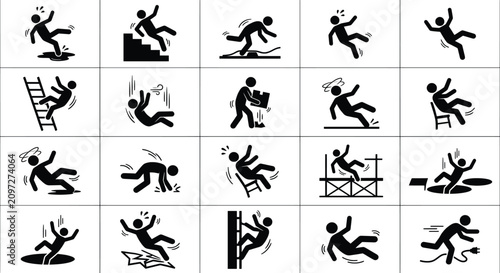 Quadro su tela Diverse stick figures in various falling poses during everyday activities in a c