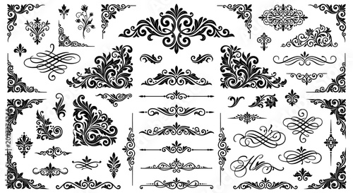 Elegant ornamental borders and corners in classic black filigree style for decorative design elements