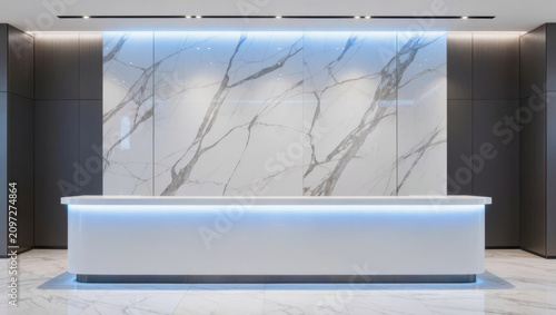 Modern lobby reception desk marble wall sleek interior blue light minimalist design