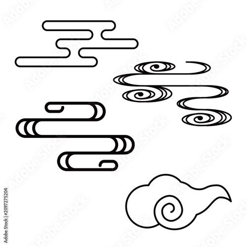 シンプルな黒い線で描かれた伝統的な和風の雲とエ霞のセット