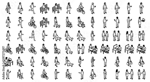 Foto Isometric people icons set, black and white line art human figures, diverse urba
