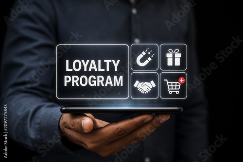 Business person presenting digital loyalty program concept with icons on tablet