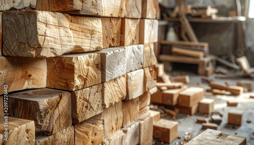 Rough Hewn Stacked Lumber Pieces Showcasing Natural Wood Grain Textures in Workshop Setting