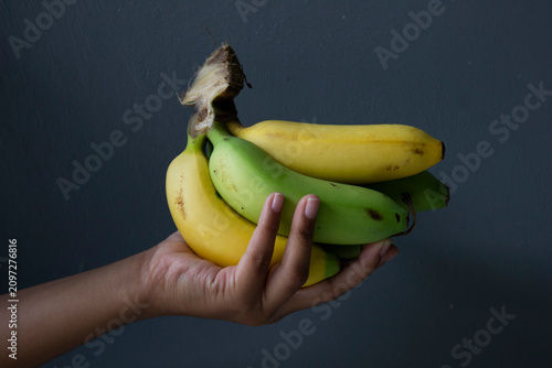 a hand holding a banana that is partly ripe and partly unripe, with a gray background