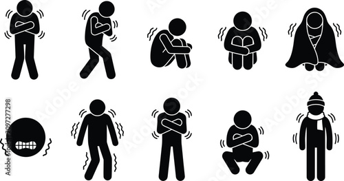 Εκτύπωση καμβά Shivering stick man icon set, cold person shivering with fever or winter chill,