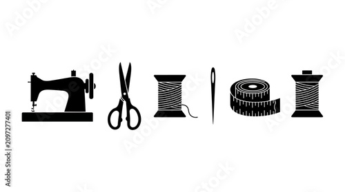 Sewing machine, scissors, thread spools, needle and tape measure icons