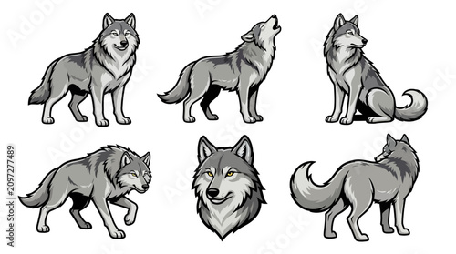 Wolf pack icons with howling, standing and sitting poses, stylized graphic