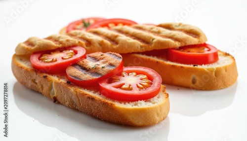 Toasted slices topped with fresh ripe tomatoes. Simple and healthy snack, perfect for summer lunch or picnic. Delicious appetiser with grilled bread base.