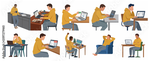 Fotografie Flat vector illustration set of men working on laptops, studying, and experiencing various emotions like stress, success, and boredom in a home office or educational setting
