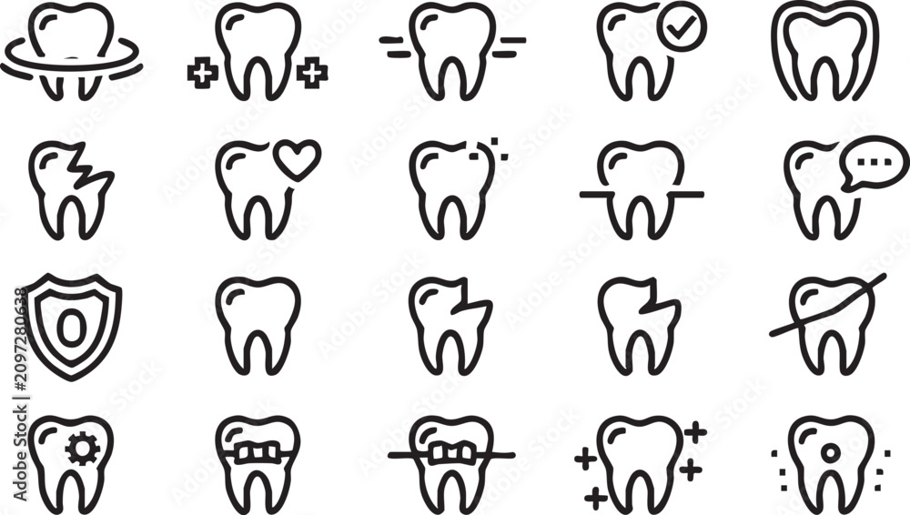 Fototapeta premium Dental Care Outline Icons with Healthy Tooth Implant Braces and Dentist Symbols