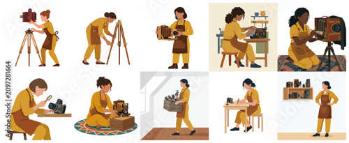 Foto Set of Illustrations of Women Photographers and Archivists Working with Vintage