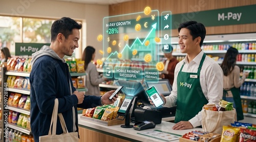 Cashier assisting customer with mobile phone payment featuring 3D growth graph and flying coins